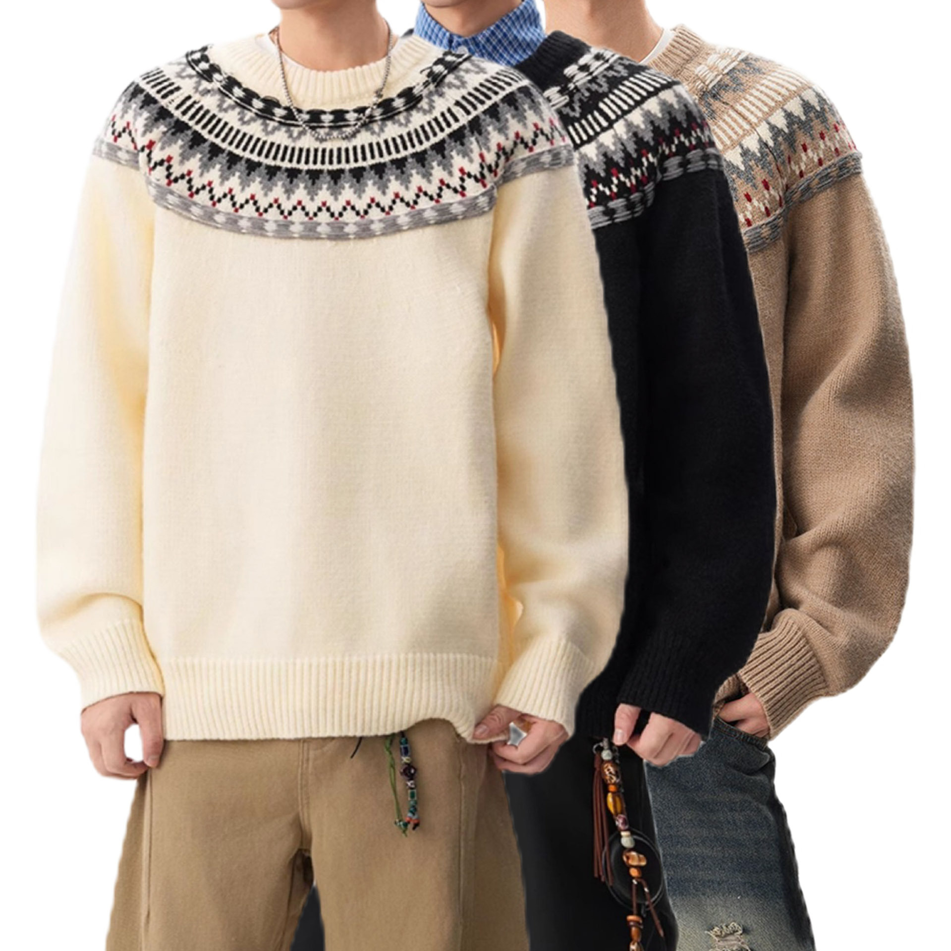 Explosiones transfronterizas de tamaño europeo de tamaño grande Fair Island Jacquard suéter de punto de Navidad hombre cuello redondo fábrica de moda al por mayor