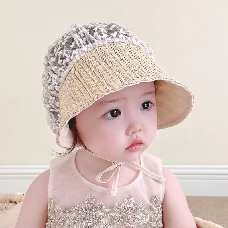 Baby Sun Hat, Summer Sunshade Grass Hat, Super Cute Princess Baby Hat for Outings, Thin Court Girl's Lace Sun Hat