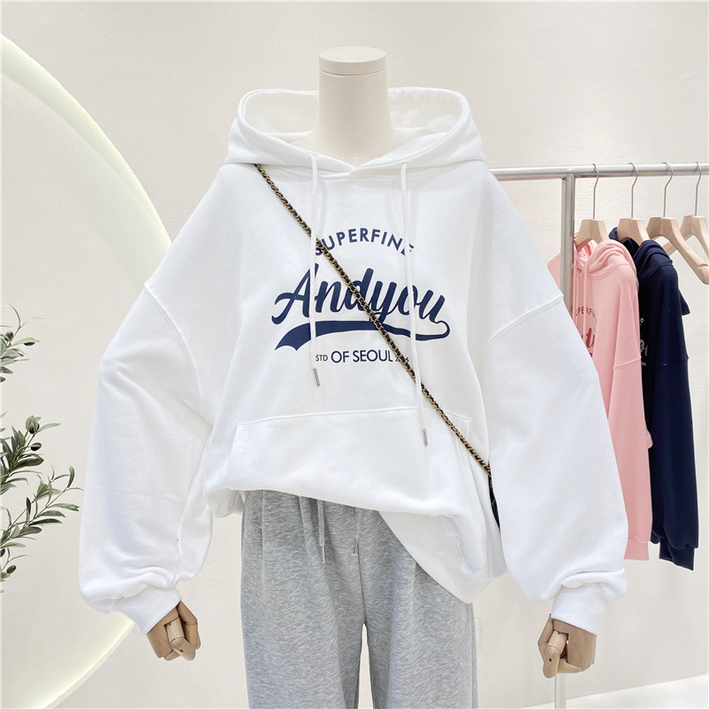 Sudera con Capucha Transfronteriza de Otoño/Invierno, Estilo Coreano, Estampado de Letras, Nuevo Modelo, con Forro Polar, Manga Larga, Top Multiusos de Moda