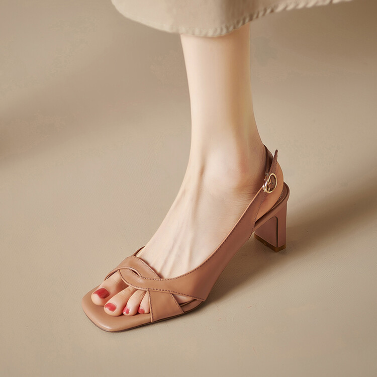 French Cowhide High Heel Sandals Women's Summer Thick Heel Open Toe Simple Retro Shoes Brown Square Toe Women's Shoes