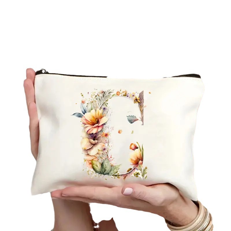 Transfronterizos Amazon maquillaje de damas letras patrón creativo maquillaje bolsa bolsa de almacenamiento lino bolsa de cremallera impermeable