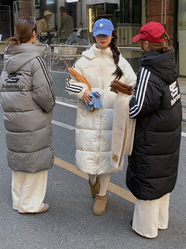 新款长款过膝三条杠羽绒棉服女2025年冬季小个子宽松保暖棉袄外套|undefined