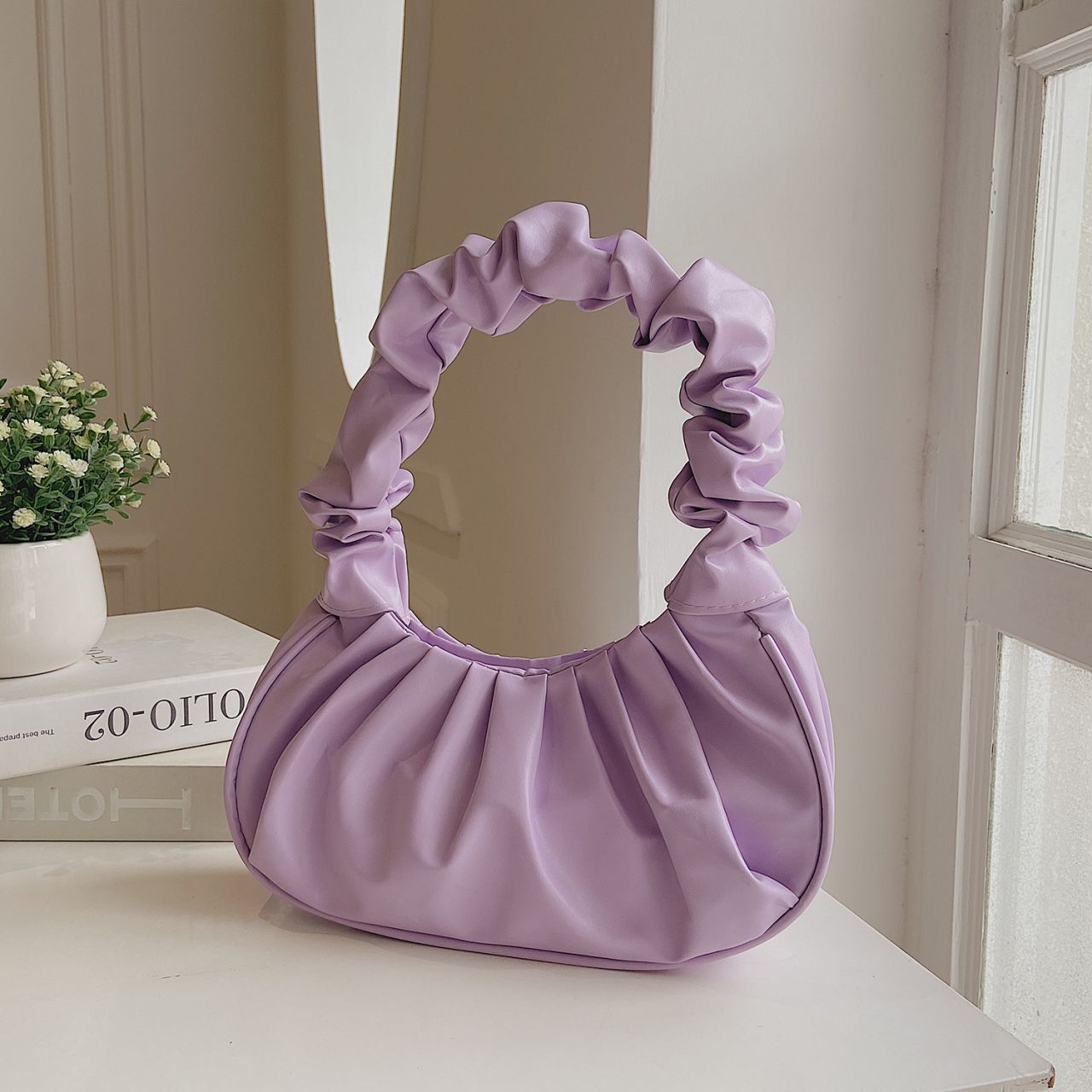 Damen Schultertasche Mit Plissee Falten Schlichte Cloud Handtasche_voghion.com