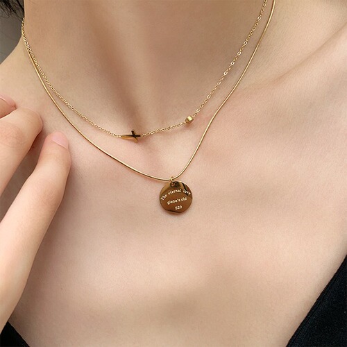 Multi-layer retro necklace women's round brand ins cold style simple pendant temperament titanium steel net red clavicle chain