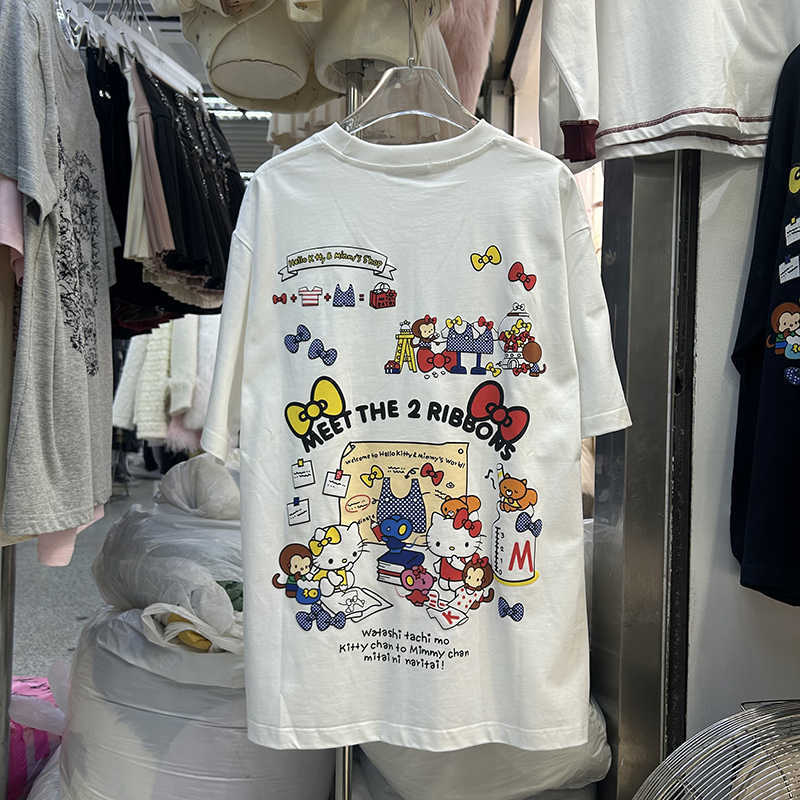 Designer Niche T-Shirt Short-Sleeved Women's Autum Korean Style Pullover Cartoon Print Mid-Length Large Version Loose Top Ins