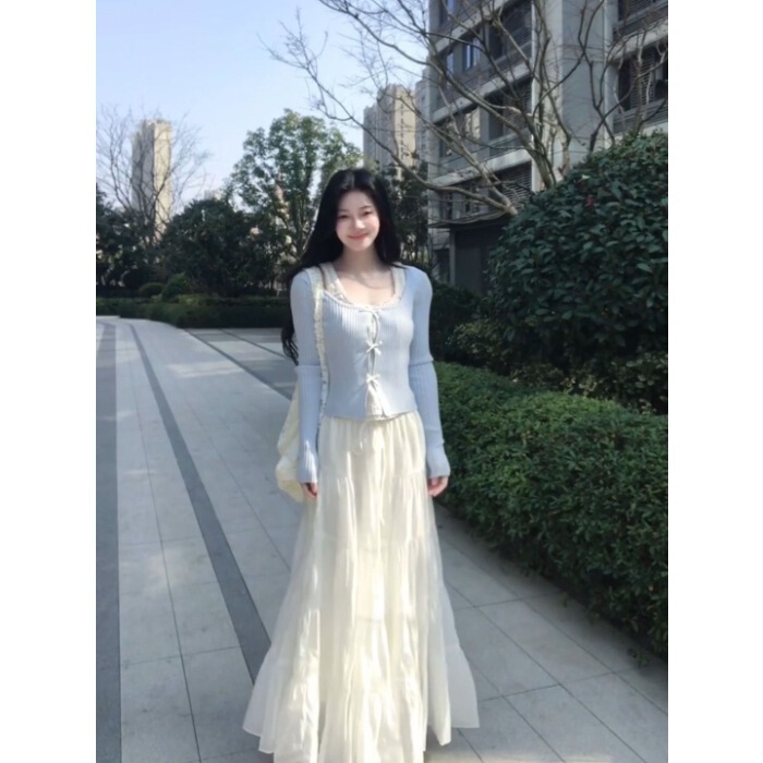 纯欲假两件时尚套装女装蝴蝶结开衫温柔高腰半身裙中长裙两件套装|undefined