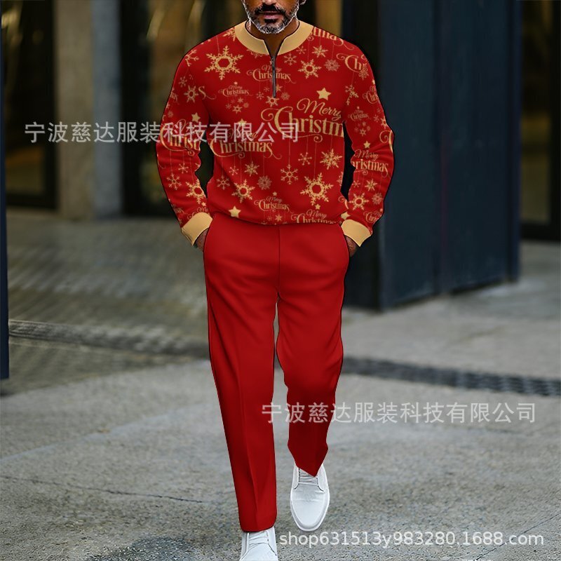 2025 New European and American Cross-Border Amazon Casual Long-Sleeved Tops Christmas Multi-Picture Printed Men's Casual Suits