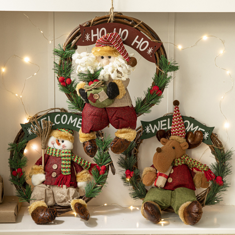 Navidad decoraciones creativo tela de dibujos animados Santa Claus Garland ratán anillo ventana puerta pared colgante diseño la escena