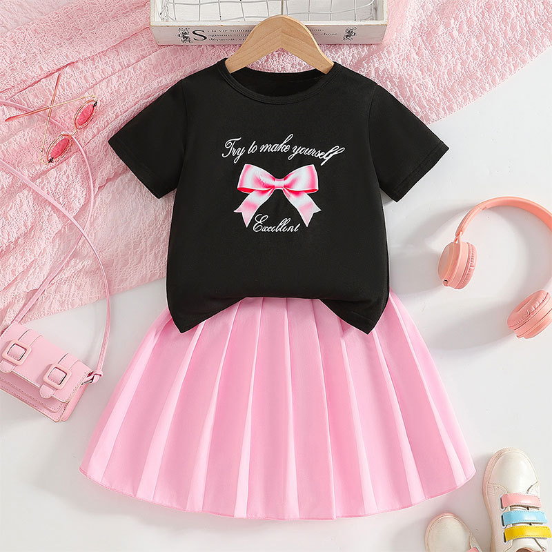 Girls Summer Sweet Casual Two-Piece Set Bow Letter Print Black Short-Sleeved T-Shirt Light Pink Pleated Skirt