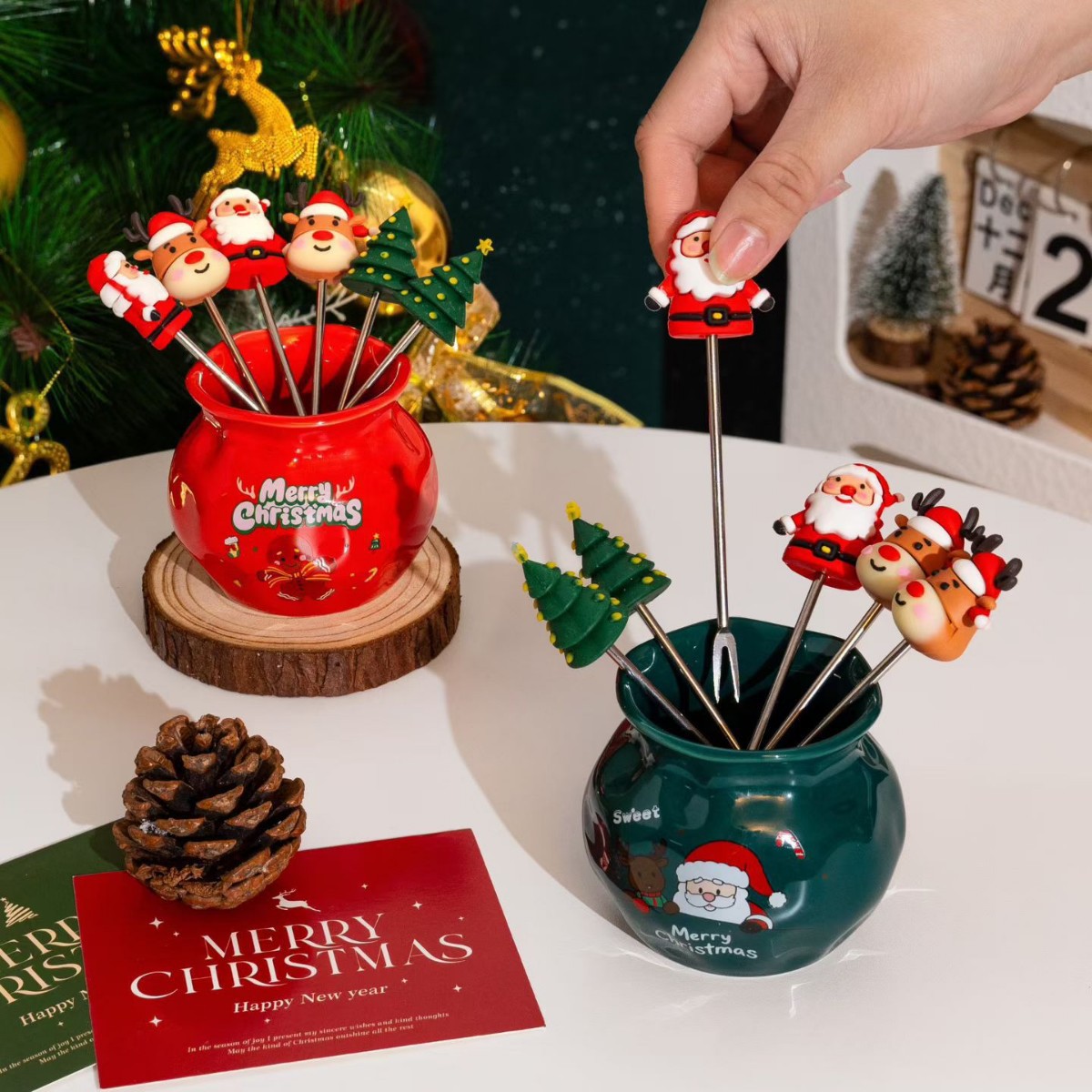 Bolsa de Navidad de cerámica contenedor de barril de acero inoxidable conjunto de horquilla de dibujos animados creativos horquilla de fruta de silicona etiqueta de postre