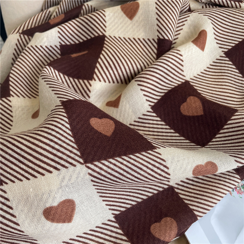 180g Weight Scarf Classification Street Occasion cotton and linen Material Lattice, Heart Shape Pattern Spring, Autumn Season Women's Gender IG Style Style Women's Ig Style Lattice Heart Shape Cotton And Linen Scarf 1