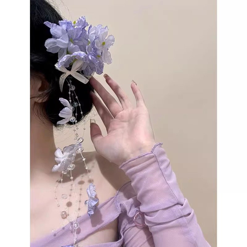 New Chinoiserie Purple Hydrangea Tassel Hairpin Retro Flower Side Clip Hair Accessories High-End Head Flower Popular Headdress