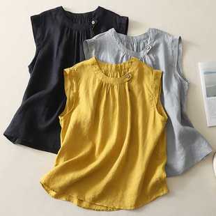 2025 New Summer Design Round Neck Cotton and Linen Sleeveless Shirt Women's Versatile Small Flying Sleeve Top