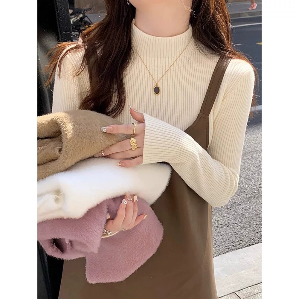 Толстый облегающий вязаный свитер с высоким воротником на флисовой подкладке для женщин, осенний и зимний свитер с базовым слоем.