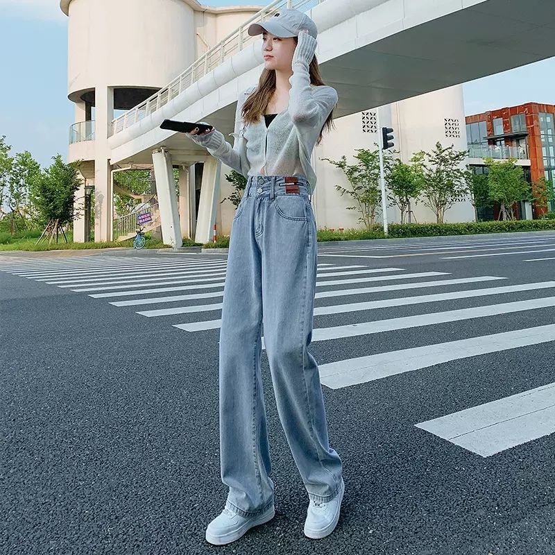 女性用レトロワイドレッグジーンズ2025春秋新作小柄な人向け、スリムで肉感をカバーする大きいサイズのストレートレッグフロアレングスパンツ|undefined