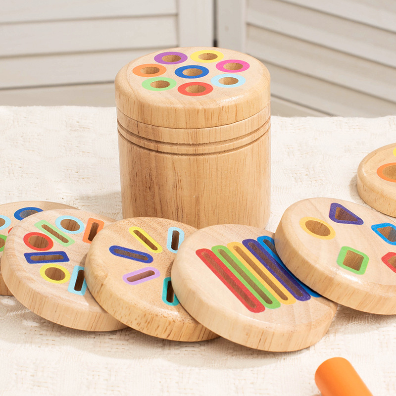 Color de madera emparejado tambor de clasificación mano-ojo coordinación de movimiento de agujero de inserción de juguetes de educación temprana para niños