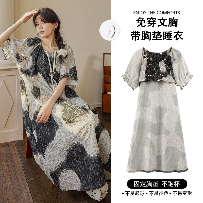 女性用胸パッド付き着物ナイトガウン、夏用、薄手、甘い、半袖、ゆったり、人気、ロング、ウェアラブルドレス、プリントなし|undefined