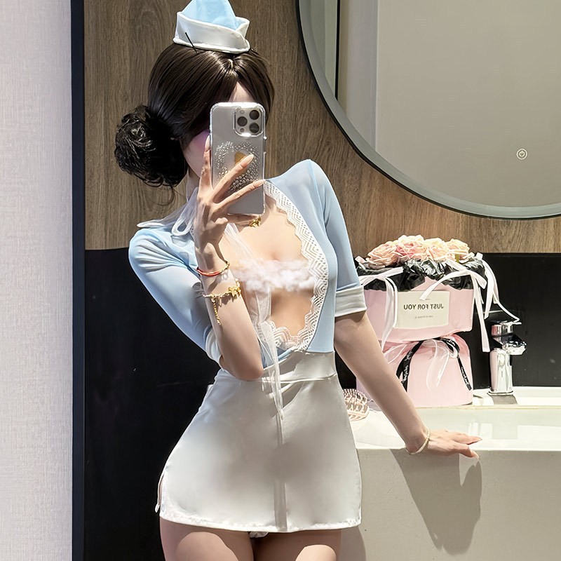 Yuhuan's New Sexy Lingerie, Sweet Stewardess Uniform, Tempting Breast-Revealing Nightgown, One-Piece Secretary Role Play