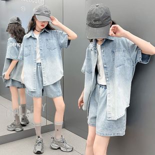 Girls Summer Suit 2025 New Style Summer Big Kidsren Fashionable Kidsren's Clothing Denim Shirt Short-Sleeved Two-Piece Set