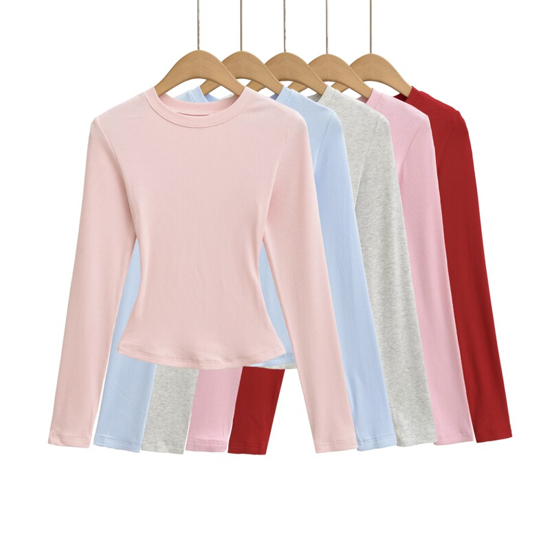 9061-Hot Girl Slim-Fitting Threaded Small Round Neck Bottoming Shirt Female Internet Celebrity Trendyy Elastic Tight-Fitting Waist Long-Sleeved T-Shirt