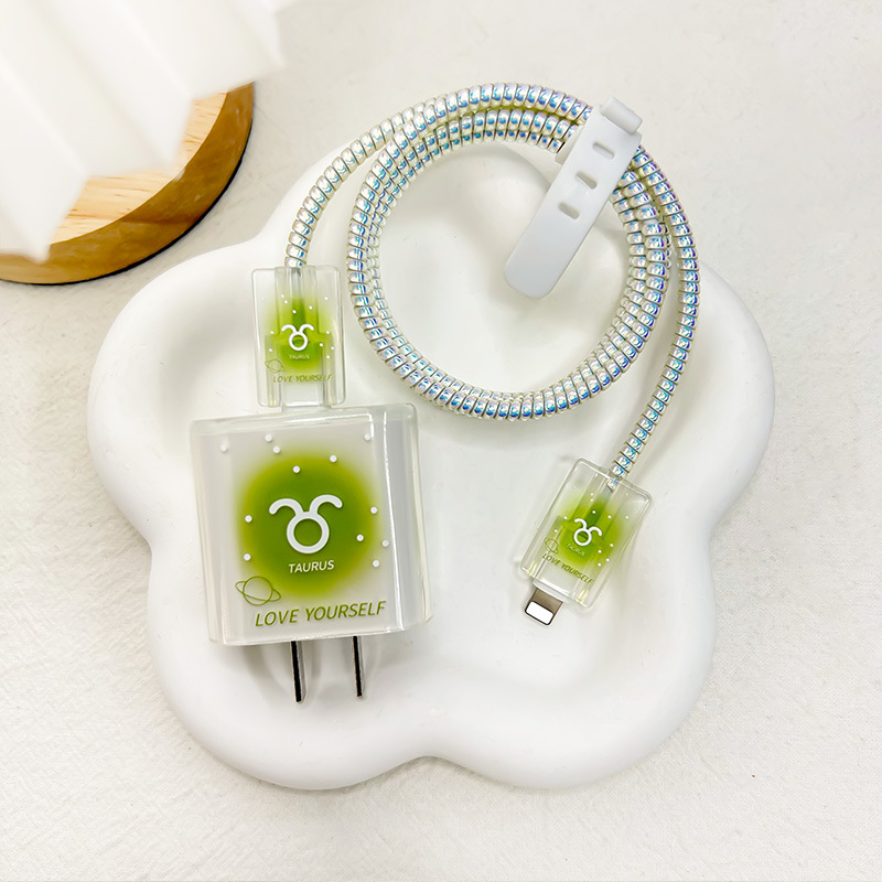 Funda protectora para cargador Apple de 20W, cubierta para cabezal de cargador de carga rápida de 18W, clip para cable, protector de cable, creativo con los doce signos del zodiaco.