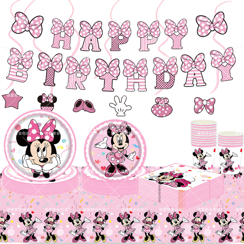 New Minnie Minnie Mouse Party Supplies Mickey Mouse Disposable Tableware Set Pink Birthday Party Decorations