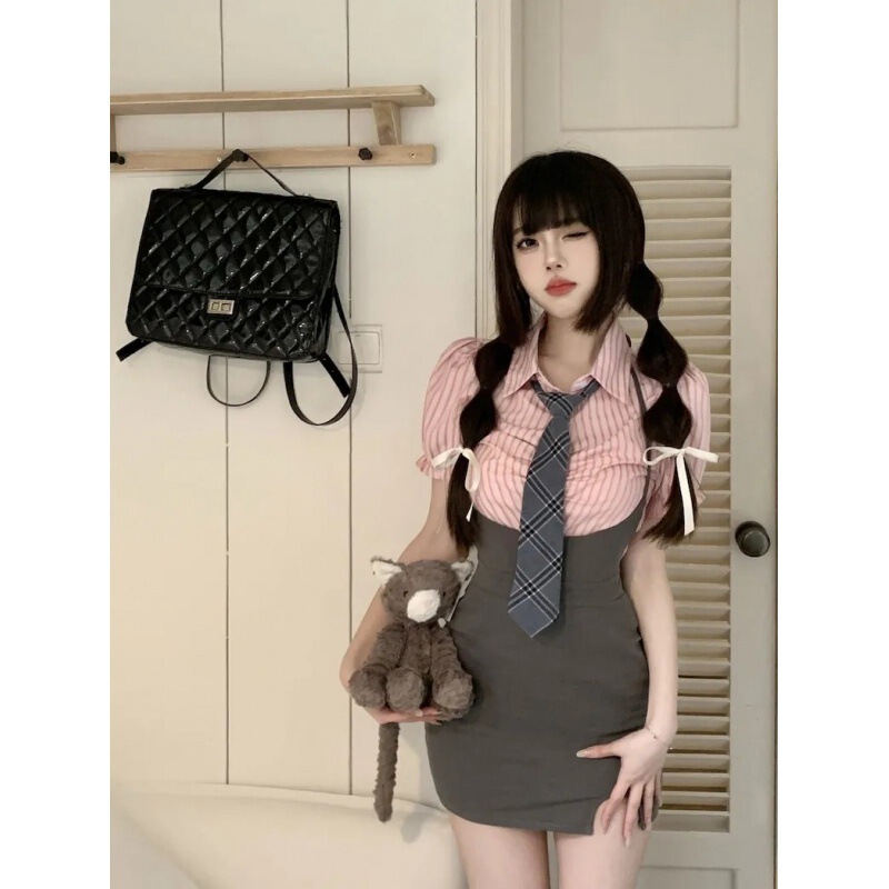 Pink Striped Lapel Puff Sleeve Shirt Tie Summer Hip Skirt Women's Sling Fake Two Pieces Dress