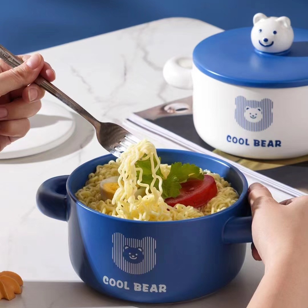 Cuenco de arroz oso lindo anti-escaldado binaural dibujos animados de gran capacidad tazón de fideos instantáneos dormitorio de estudiantes tazón de fideos instantáneos tazón de sopa doméstica