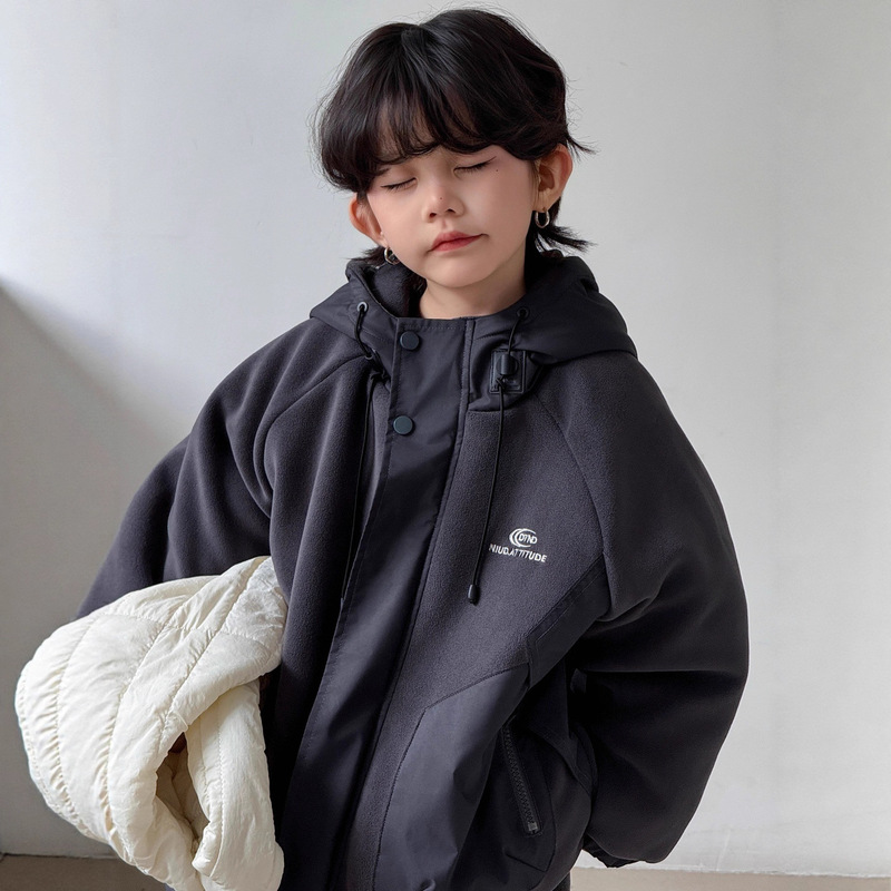 Boys' Outdoor Winter Fleece Cotton Jacket with Hood, Cold-Proof and Warm, Windbreaker, Coat, Workwear