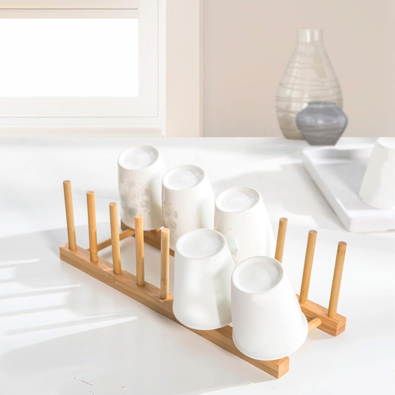 2-Piece Set of Bamboo Dish Racks with 8 Slots, Wooden Plate Rack, Vertical Drainer, Kitchen Cabinet Storage and Organization