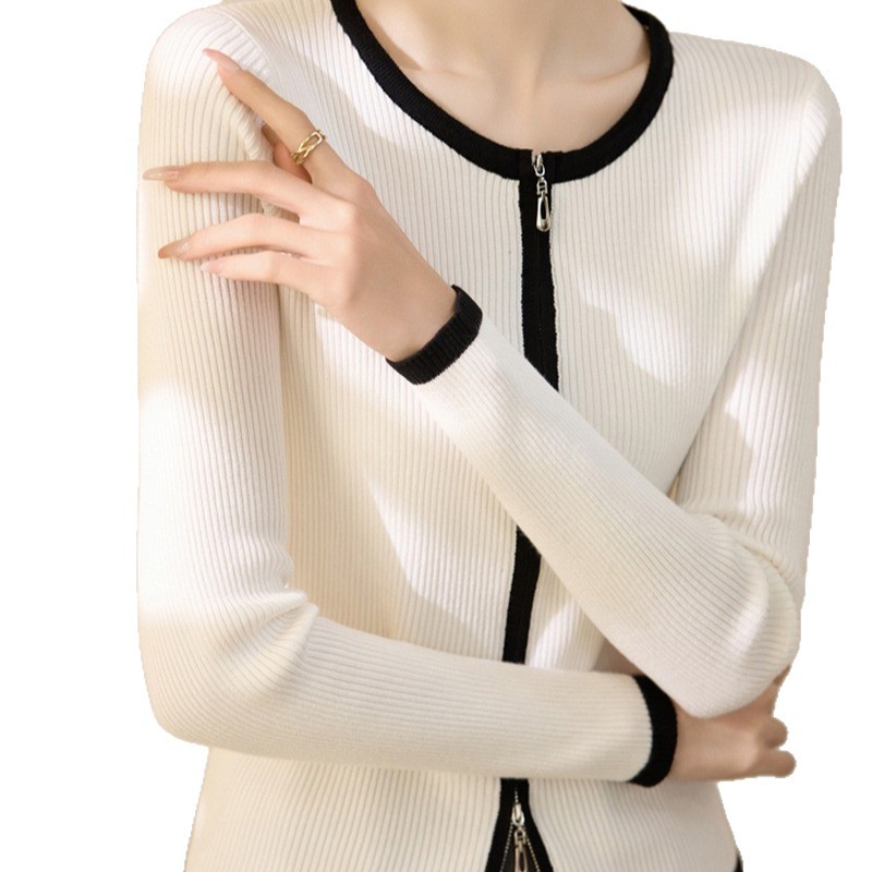2025 nuevo diseño transfronterizo de cremallera de cuello redondo chaqueta de punto de camisa corta de mujer color corto cardigan de manga larga suéter