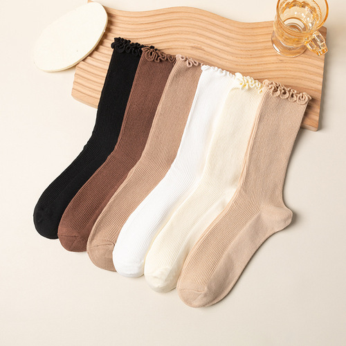 White Mulberry Border Socks for Girls, Summer Thin Mid-Calf Versatile Small Leather Shoes with Floral Edge, Spring and Autumn Pile-Up Loose Mouth Postpartum Socks