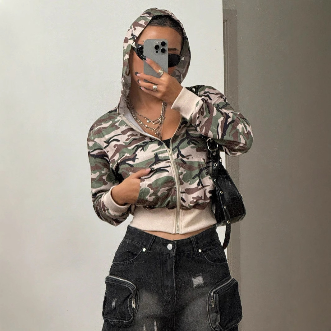 Women's Slim Fit Camo Hooded Zip-Up Jacket - Military Green, Long Sleeve, Stretch Polyester-Spandex Blend, Streetwear & Commuter Style_ecoleips.com