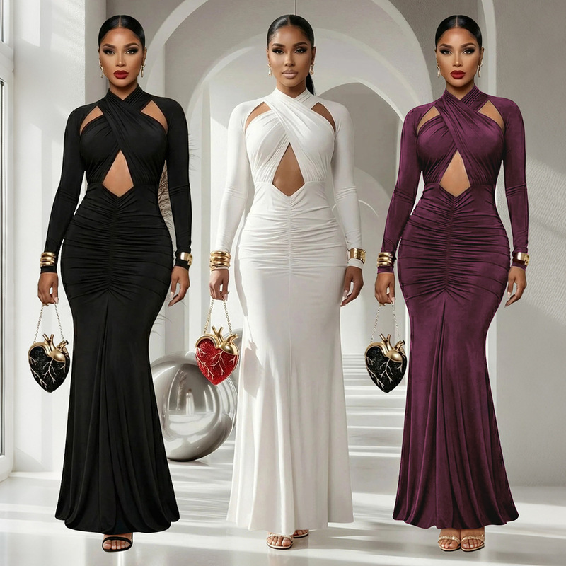 902242 European and American cross-border new slim-fit long-sleeve bodycon dress, sexy strapless evening gown, slimming long dress for dinner parties 902242 European and American cross-border new slim-fit long-sleeve bodycon dress, sexy strapless evening gown, slimming long dress for dinner parties