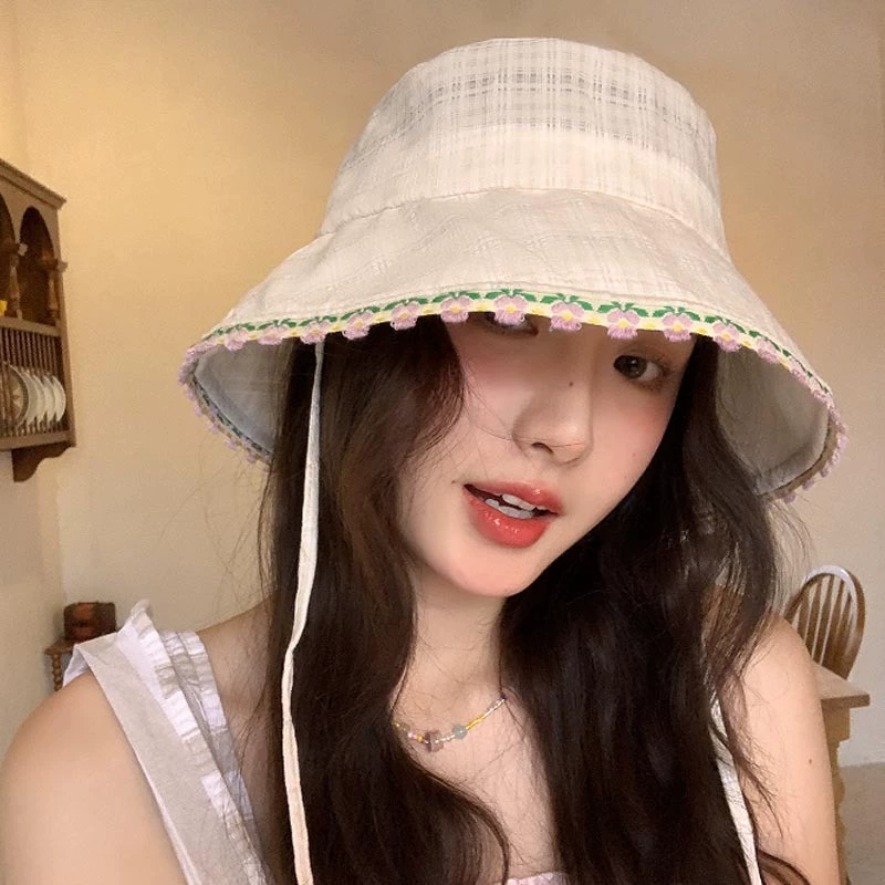 Sweet and cute lace blue fisherman hat women's spring and summer sunshade and sun protection basin hat outdoor large brim hiking hat trendy