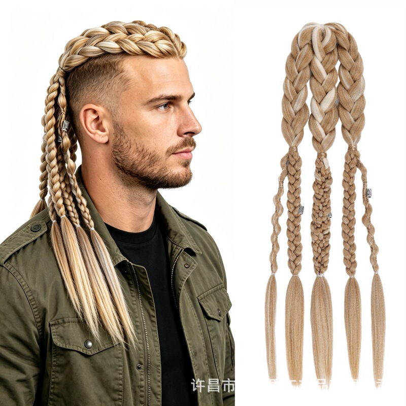 Cross-border European and American men's Viking wig 24inch hand-woven dreadlock hair extensions high-temperature fiber multi-strand ponytail styling