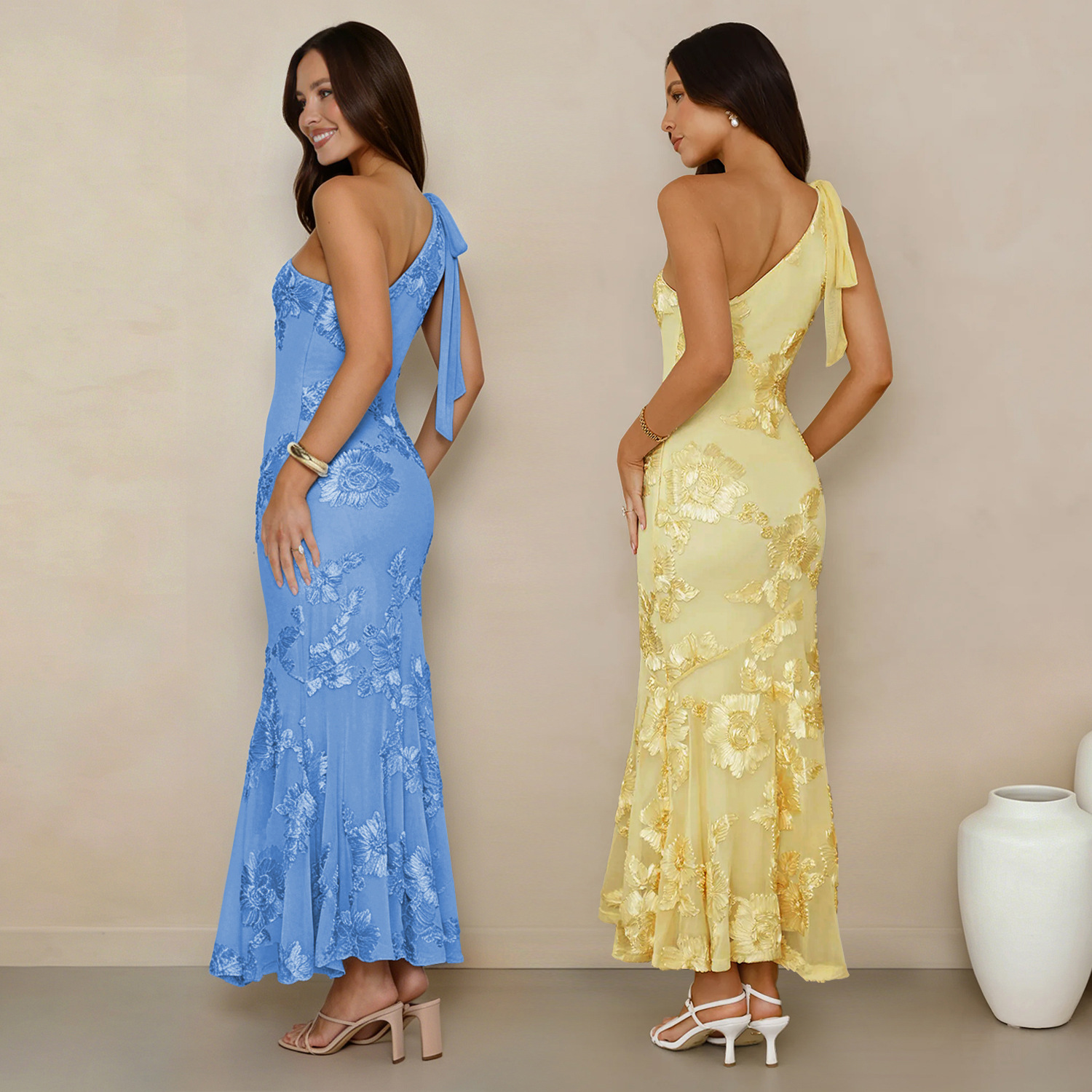 C7747 Aliexpress transfronterizo Amazon Europa y América de moda de verano elegantemente Jacquard vestido de fiesta de hombro inclinado