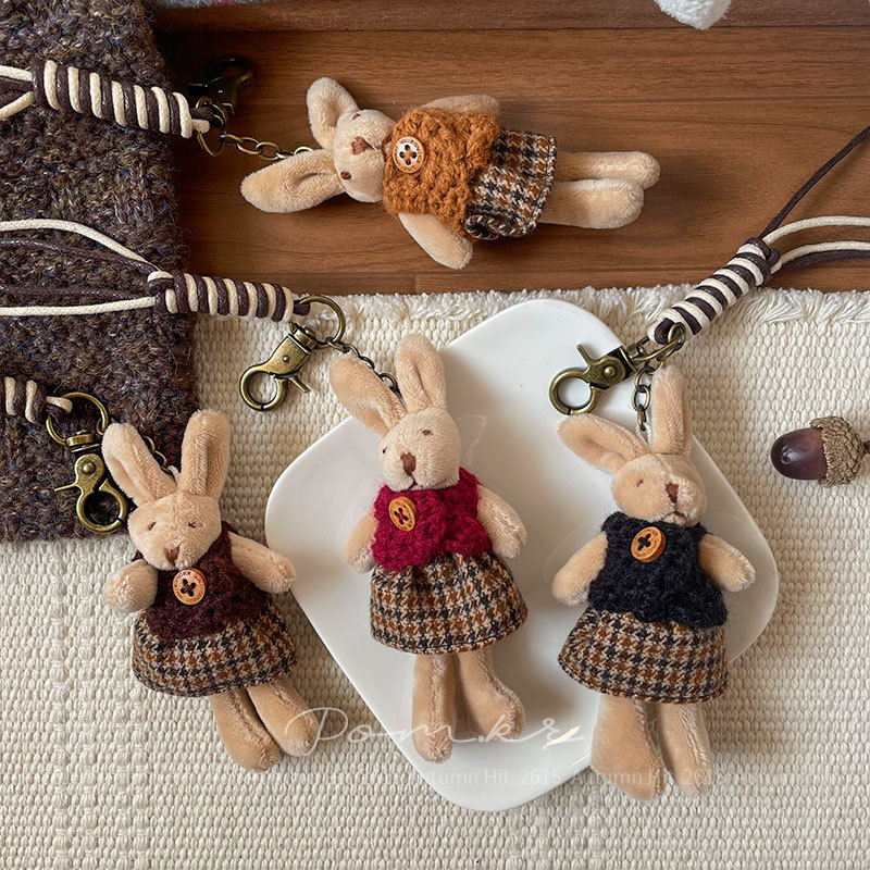 New Korean Retro Autum Bunny Keychain Fabric Handmade Bag Pendant Buckle Kidsren's Cute Birthday Gift