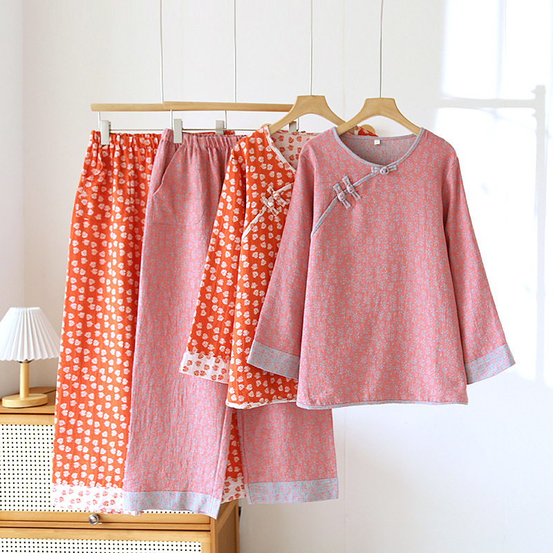 Promotional Pure Cotton Pajamas for Women, National Style Set, Retro Buttoned Jacquard, Loose and Breathable Home Wear Two-Piece Set