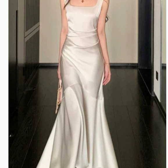 Versatile white satin strap dress for women, summer fishtail long gown for engagement parties and banquets Versatile white satin strap dress for women, summer fishtail long gown for engagement parties and banquets