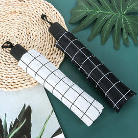 韩国创意情侣黑胶格子雨伞批发三折防晒太阳伞防紫外线遮阳伞厂家