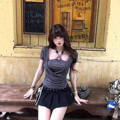 纯欲辣妹风假两件正肩短袖法式T恤女2025夏季收腰显瘦设计感上衣