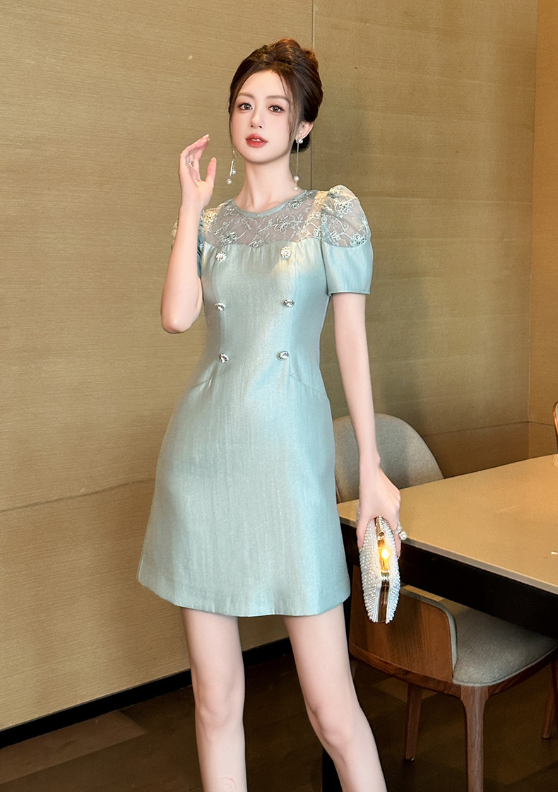 Đầm chữ A nữ thắt eo hai hàng khuy phong cách tea dress mùa hè 2026 — Xanh nước trong chi tiết 9