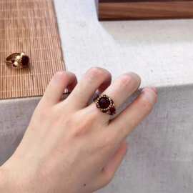 酒红色串珠戒指镶嵌个性法式复古简约锆石时尚高级感轻奢指环女