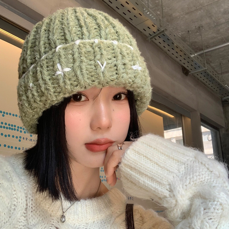 绿色针织登山毛线帽女秋冬显脸小防寒包头帽子大头围保暖护耳冷帽|undefined