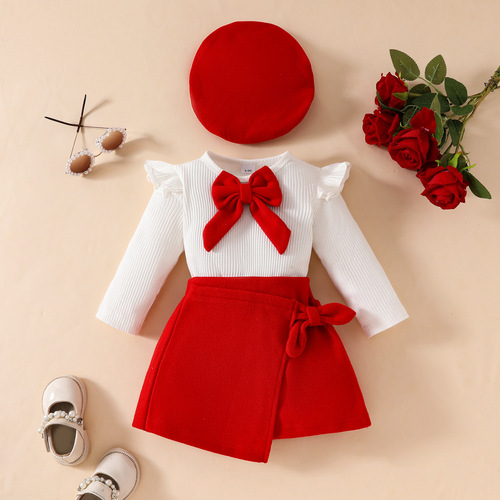 Fashionable first step girl with large bow beret, long-sleeved top with thermal lining, half-length skirt, autumn and winter three-piece set