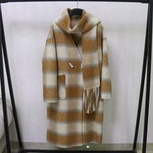 2023橘色格子双面羊毛大衣围巾两件套长款毛呢外套