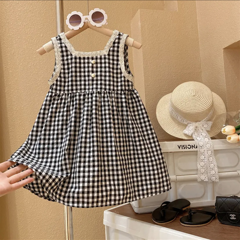 Girls' Roman Holiday Dress Summer New Style Stylist Children's Plaid Princess Dress Lace Vest Skirt