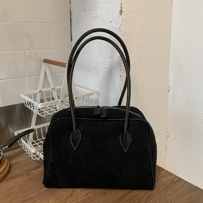 Autumn/Winter Retro Suede Boston Bowling Bag Large Capacity Handbag Shoulder Underarm Bag Baguette Bag For Women High-End Style - Thumbnail 6