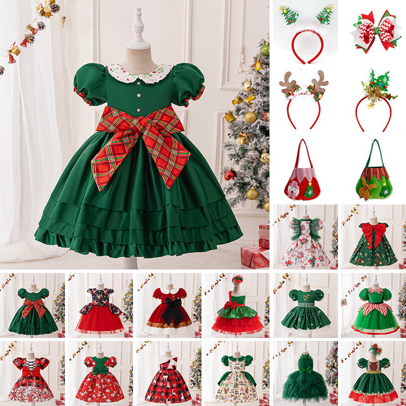 Amazonas vestidos de niñas vestidos de Papá Noel vestidos de niños espectáculo de fiesta flocos de nieve vestido de princesa rojo verde